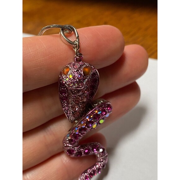 VTG Janus Pink Snake Pendant 3" Movable Bling Y2K Rhinestone Cobra Necklace - Picture 10 of 11